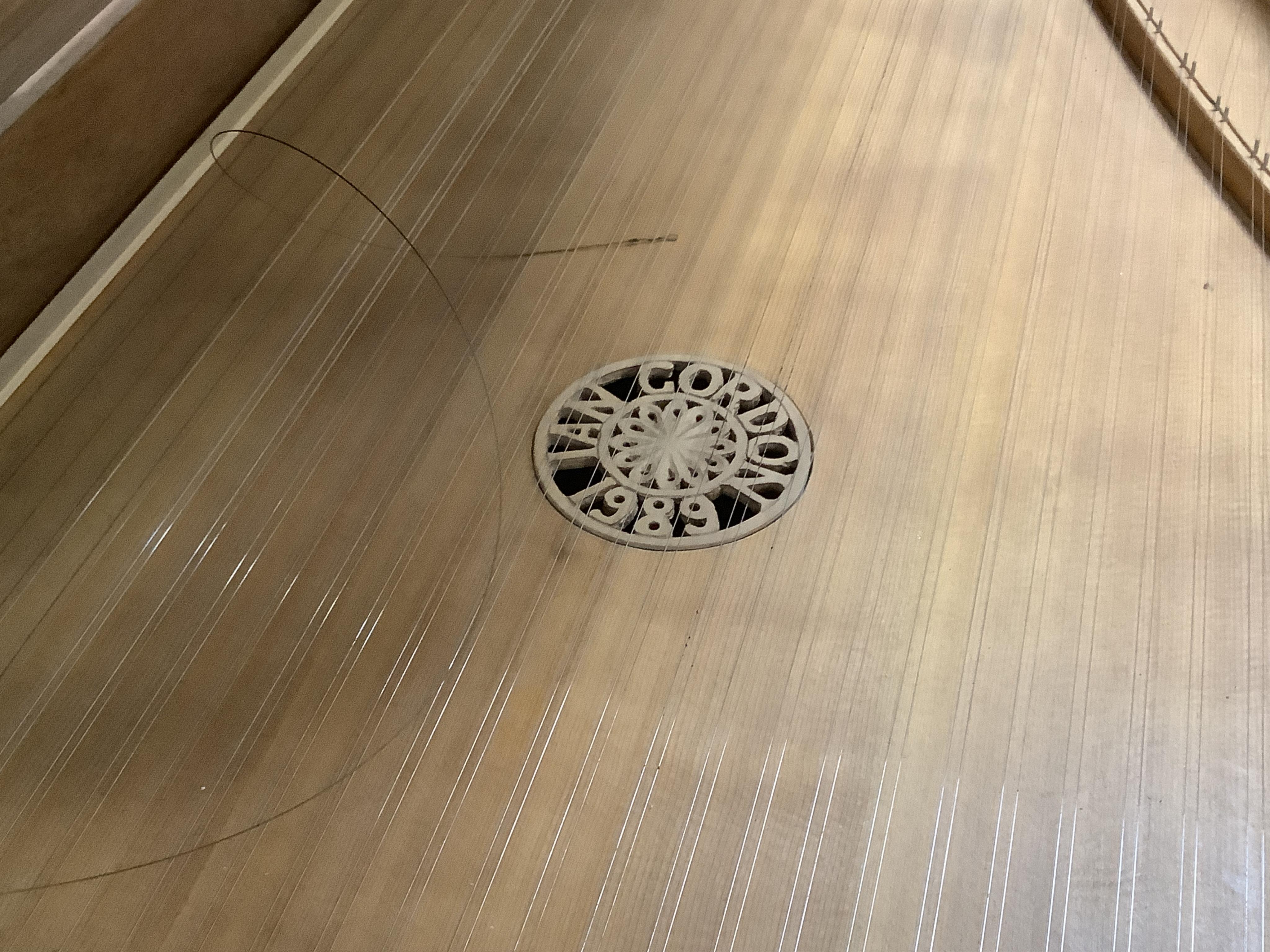 An Italian style single manual harpsichord built by Ian Gordon in 1989, in a walnut veneer case, Gordon is better known for his lutes, 54 note compass on small scale keys, and two stops, length 202cm